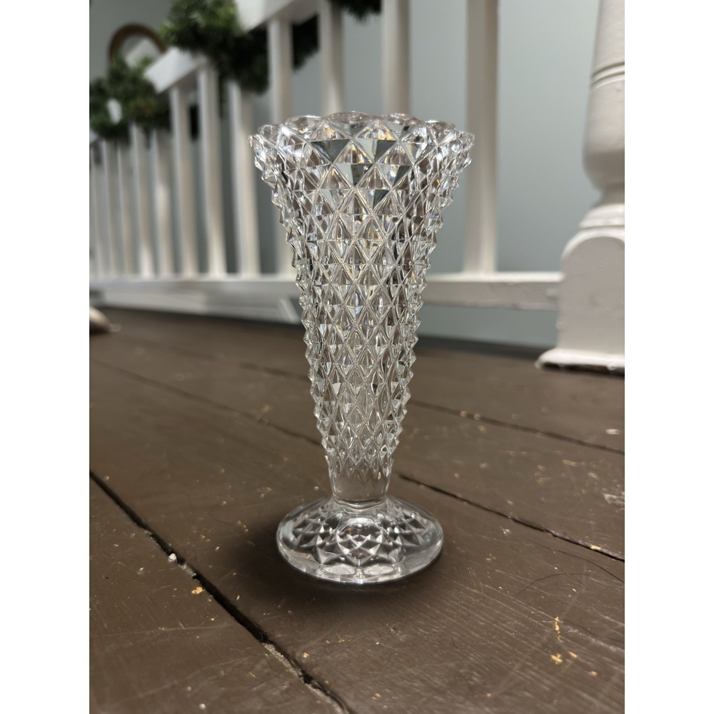 Vintage Indiana Glass Diamond Point Pattern Clear Glass Footed Trumpet Vase 8"